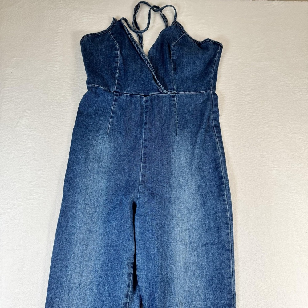 Active USA Jumpsuit Womens Small Blue Denim Sleeveless V Neck Skinny Leg Casual‎